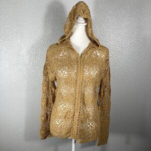 Crochet Open Knit Cardigan M Linen Hooded Zip Front Gold Tan Cottagecore Boho